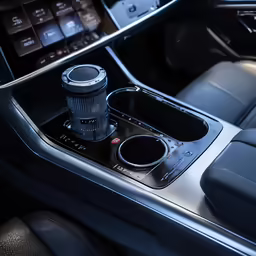 a view of a modern looking car with the control knob and gear cover