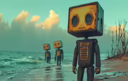 three robot men stand on the beach as they look into the water