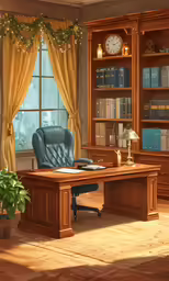 an empty office with a blue chair and a wooden book case