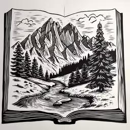 some trees and mountains with white outline,some ink drawings of mountains with trees