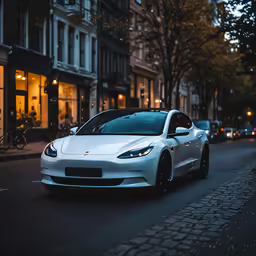 there is a white car on a city street
