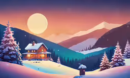 a snow covered landscape with pine trees,a snowy winter scene with a cabin in the background