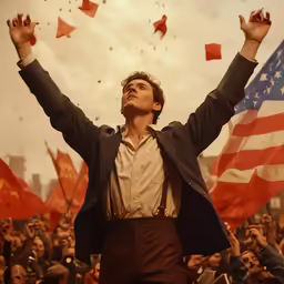 a man in a suit and tie holding an american flag