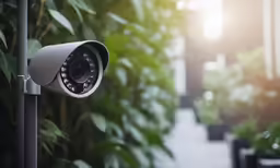 an outdoor security camera is shown near plants