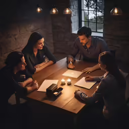 people are sitting around a table with books, pen and paper