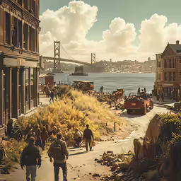 a group of people walk down a street by the water
