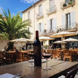 a bottle of wine sitting on top of a wooden table