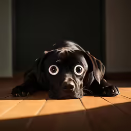 a dog laying down on the ground with large eyes