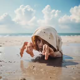 a person on the ground with some sand