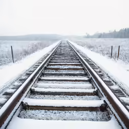 railroad tracks in the snow with trees and snow