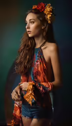 a woman in colorful dress standing with her hand on her shoulder