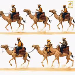 three images of men riding on the backs of camels