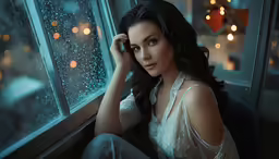 a woman with dark hair is sitting next to a window