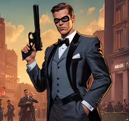 a man in a suit with a gun and other people,the video game poster features a man in a tuxedo