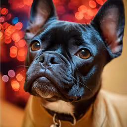 a dog looking up at the camera, on a blurry background