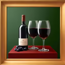 two glasses and bottle with berries sit on a red table
