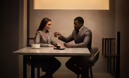 a couple dressed in business attire is sitting at the dinner table