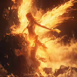a woman with a sword riding on a horse while the fire is blazing