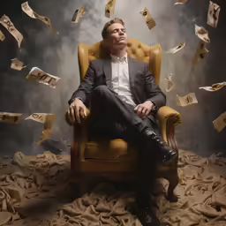 a man wearing a suit and white shirt is sitting on a chair as cash flies around him