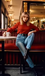 a woman sitting at a table with a mug