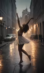 a woman in a white dress standing on the street