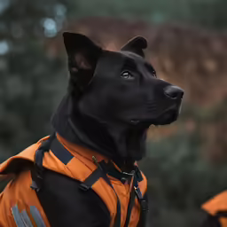 a black dog is wearing an orange and black jacket