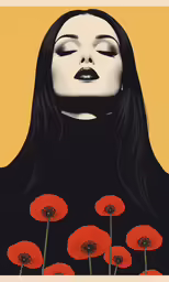 a woman with dark hair and big eyes surrounded by red flowers