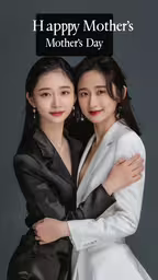 two asian girls in white clothes hugging each other with happy mothers day,two women are hugging on the back of a black card