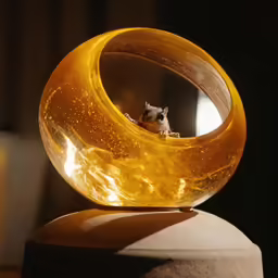 a small animal sitting inside of a big glass vase