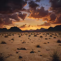 a sun set over an arid area in the desert