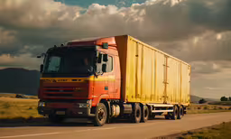 an orange and yellow truck drives on the road,the truck is traveling along the road in the field