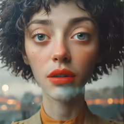 a woman with curly hair wearing an orange shirt