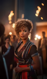 a woman is standing in a dark room with lights around her