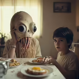 there is a small boy sitting in front of a table eating food and an adult monster head