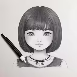 a black and white drawing of a young girl with short bangs