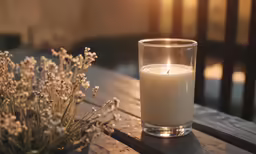 candle lit with white flowers on table near bench