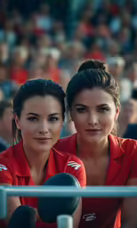 two young women sitting side by side at a tennis match