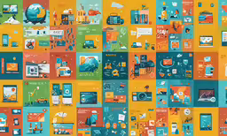 a bunch of objects that are on different papers,a colorful illustration shows various images and things in the pictures