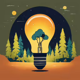 a light bulb with trees on it in the woods,the bulb has trees growing out of it and is lit up