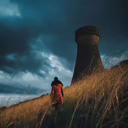 a person standing on top of a grass covered hillside