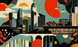 a picture of a city and a bridge with many different objects