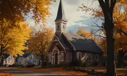 church with fall foliage in front and autumn trees around it
