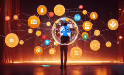 man standing in front of a display with various different icons coming out of it,the man is holding a circle shaped object in front of many connected circles
