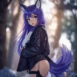 a person with purple hair and black leather clothes