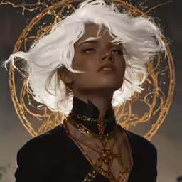 a lady with long white hair, a choker and jewelry on