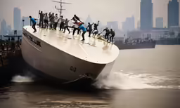large group of people standing on the back of a large boat