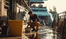 the man in black is cleaning the sidewalk on the side walk