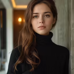 a beautiful young lady standing in front of columns
