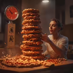 a woman putting on a stack of donuts