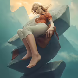 an animated photo of a girl resting on a rock